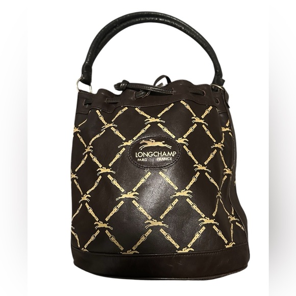 LONGCHAMP BROWN AND TAN LEATHER DRAWSTRING BUCKET SHOULDER BAG - Picture 2 of 6